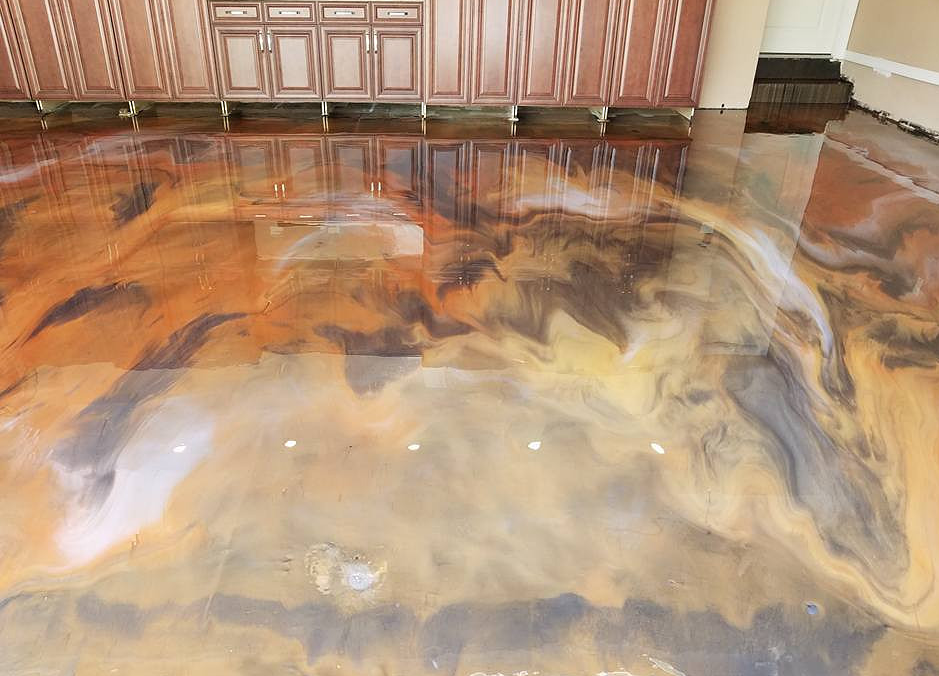 Custom metallic epoxy floor in copper, cream and gray by Josh Mittag