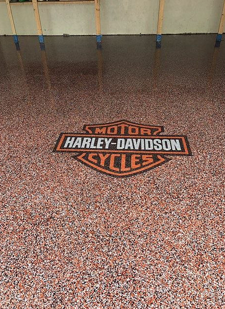 Flake floor with custom Harley-Davidson logo inlay